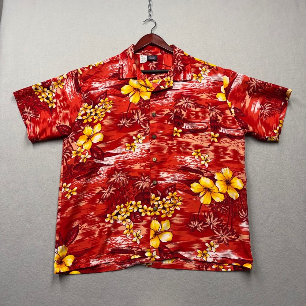 Maui Trading Company Shirt Mens XL Red Tropical Hibiscus Vintage 90s Aloha Camp